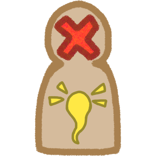  a olive toned person with a red X on their face, and on their tummy is a yellow wisp figure. it's round at the top and tapers down into a point. there are two triangular emphasis marks on each side